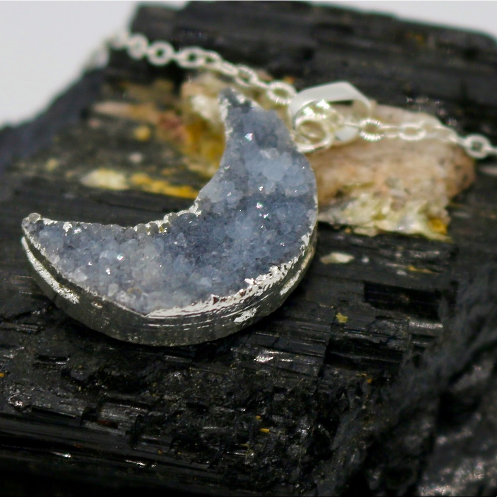 Druzy Quartz Moon Charm silver plated with 16-18 in chain